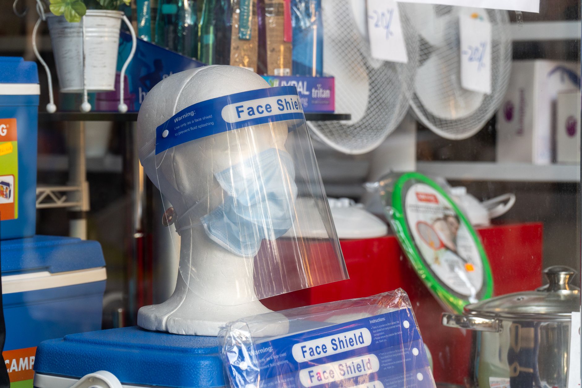 Face shields and protective equipment on display
